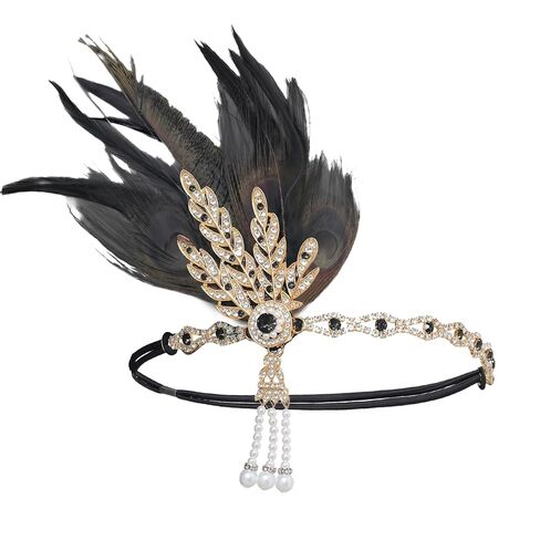 HPMAISON 1920s Flapper Headpiece for Women Vintage Roaring 20s Accessories Great Gatsby Hair Band عصابة رأس مطاطية Showgirls Fascinators للحفلات التنكرية، ذهبي حجر الراين Flapper in Kuwait