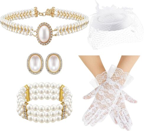 Landical 5 Pcs 1950s Women Tea Party Accessory Set Fascinator Hat Lace Gloves Pearl Jewelry Weddings Photo Shoots in Saudi Arabia