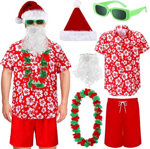 مجموعة أزياء Berlune Hawaiian Christmas Santa Claus مع تي شيرت وسروال سانتا وقبعة اللحية Leis نظارات شمسية للرجال لحفلات الشاطئ in Kuwait
