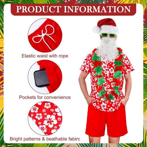 مجموعة أزياء Berlune Hawaiian Christmas Santa Claus مع تي شيرت وسروال سانتا وقبعة اللحية Leis نظارات شمسية للرجال لحفلات الشاطئ in Kuwait