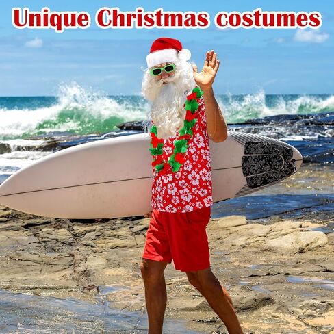 مجموعة أزياء Berlune Hawaiian Christmas Santa Claus مع تي شيرت وسروال سانتا وقبعة اللحية Leis نظارات شمسية للرجال لحفلات الشاطئ in Kuwait