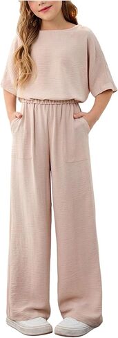 Girl's 2 Piece Casual Linen Summer Outfits Oversize Half Sleeve T Shirt and Wide Leg Pants in Saudi Arabia