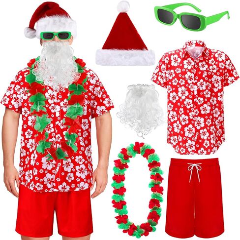 مجموعة أزياء Berlune Hawaiian Christmas Santa Claus مع تي شيرت وسروال سانتا وقبعة اللحية Leis نظارات شمسية للرجال لحفلات الشاطئ in Kuwait