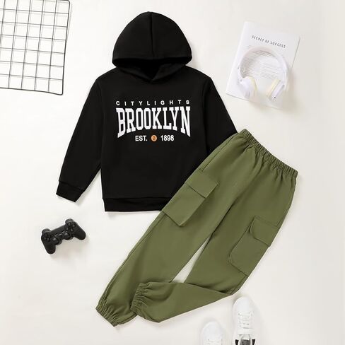 Girls Pants Set, Brooklyn Graphic Hoodie & Army Green Cargo Pants 2-Piece Outfit for Girls 8-12Y in Saudi Arabia