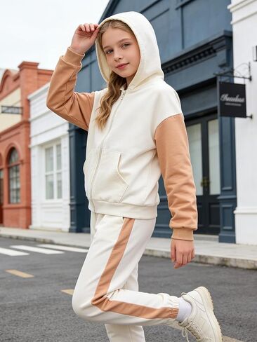 Ages 7-14 Girls' 2 Piece Color Block Zip Up Sweatshirt Hoodie and Jogger Pants Set in Saudi Arabia