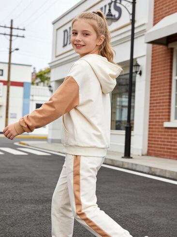 Ages 7-14 Girls' 2 Piece Color Block Zip Up Sweatshirt Hoodie and Jogger Pants Set in Saudi Arabia
