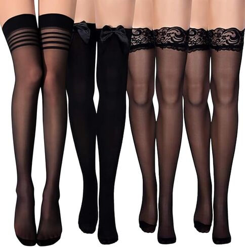 Thigh High Stocking for Women Lace Satin Bow Top Stocking 4 Pairs in Saudi Arabia