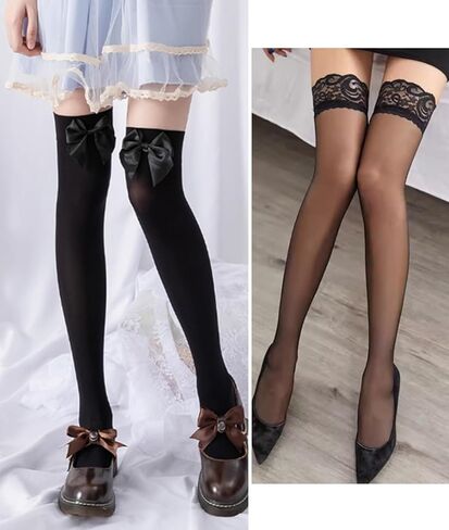 Thigh High Stocking for Women Lace Satin Bow Top Stocking 4 Pairs in Saudi Arabia