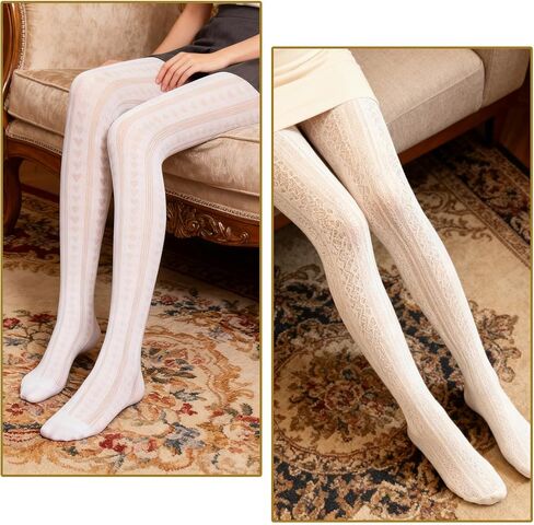 3 Pairs White Lace Tights for Women Heart Stockings Vertical Strips Pantyhose Fishnet Hollow Out Knitted Tights in Saudi Arabia