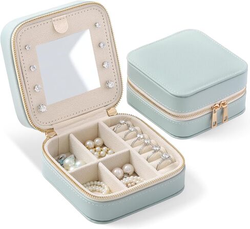 Genuine Leather Travel Jewelry Organizer Case with Mirror for Women, Small Mini Portable Jewelry Box for Ring Earrings Necklace Bracelet Luxury Gift for Women（Beige） in Kuwait
