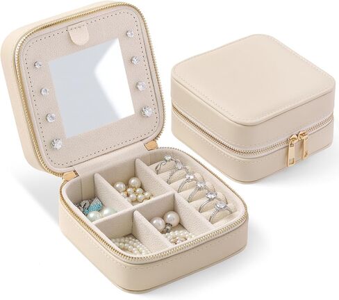 Genuine Leather Travel Jewelry Organizer Case with Mirror for Women, Small Mini Portable Jewelry Box for Ring Earrings Necklace Bracelet Luxury Gift for Women（Beige） in Kuwait