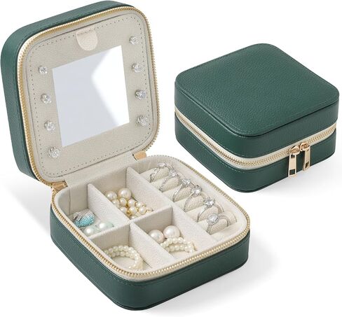 Genuine Leather Travel Jewelry Organizer Case with Mirror for Women, Small Mini Portable Jewelry Box for Ring Earrings Necklace Bracelet Luxury Gift for Women（Beige） in Kuwait