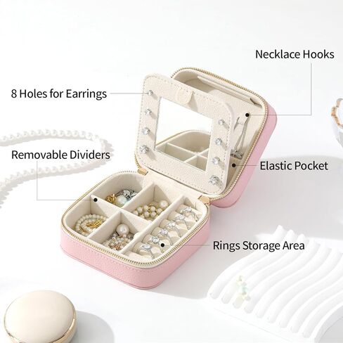 Genuine Leather Travel Jewelry Organizer Case with Mirror for Women, Small Mini Portable Jewelry Box for Ring Earrings Necklace Bracelet Luxury Gift for Women（Beige） in Kuwait