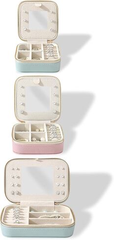 Genuine Leather Travel Jewelry Organizer Case with Mirror for Women, Small Mini Portable Jewelry Box for Ring Earrings Necklace Bracelet Luxury Gift for Women（Beige） in Kuwait