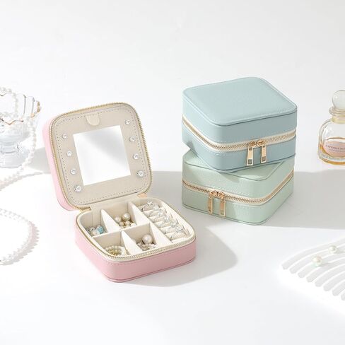 Genuine Leather Travel Jewelry Organizer Case with Mirror for Women, Small Mini Portable Jewelry Box for Ring Earrings Necklace Bracelet Luxury Gift for Women（Beige） in Kuwait