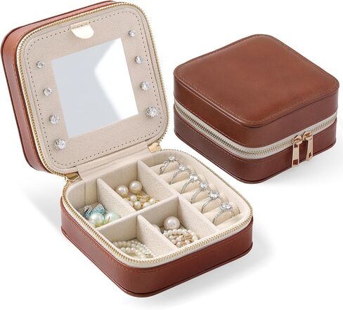 Genuine Leather Travel Jewelry Organizer Case with Mirror for Women, Small Mini Portable Jewelry Box for Ring Earrings Necklace Bracelet Luxury Gift for Women（Beige） in Kuwait