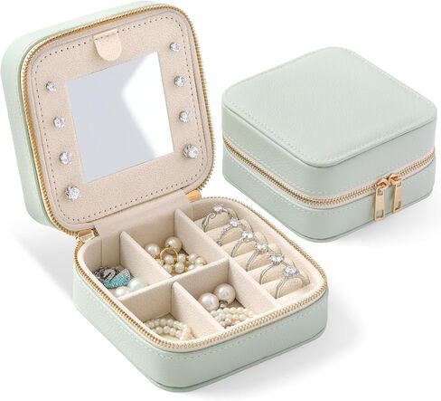 Genuine Leather Travel Jewelry Organizer Case with Mirror for Women, Small Mini Portable Jewelry Box for Ring Earrings Necklace Bracelet Luxury Gift for Women（Beige） in Kuwait