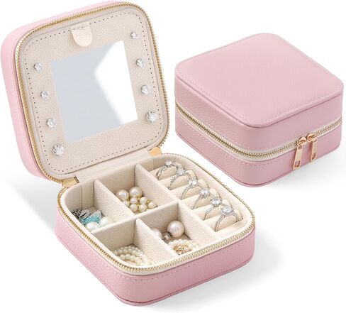 Genuine Leather Travel Jewelry Organizer Case with Mirror for Women, Small Mini Portable Jewelry Box for Ring Earrings Necklace Bracelet Luxury Gift for Women（Beige） in Kuwait