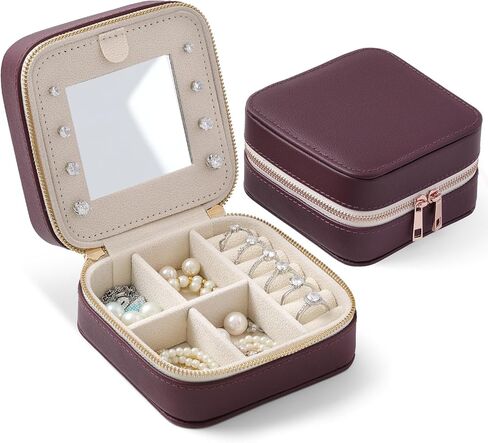 Genuine Leather Travel Jewelry Organizer Case with Mirror for Women, Small Mini Portable Jewelry Box for Ring Earrings Necklace Bracelet Luxury Gift for Women（Beige） in Kuwait