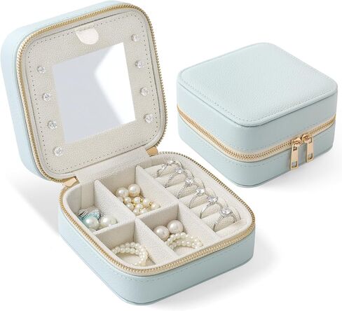 Genuine Leather Travel Jewelry Organizer Case with Mirror for Women, Small Mini Portable Jewelry Box for Ring Earrings Necklace Bracelet Luxury Gift for Women（Beige） in Kuwait