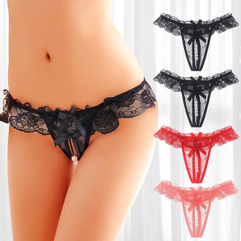 Women Sexy Lace G String Thongs Multiple Pack Underwear T-back Sheer Panties for Women No Show Low Rise Bow Naughty Thongs in Saudi Arabia