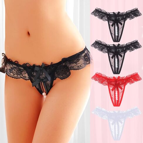 Women Sexy Lace G String Thongs Multiple Pack Underwear T-back Sheer Panties for Women No Show Low Rise Bow Naughty Thongs in Saudi Arabia
