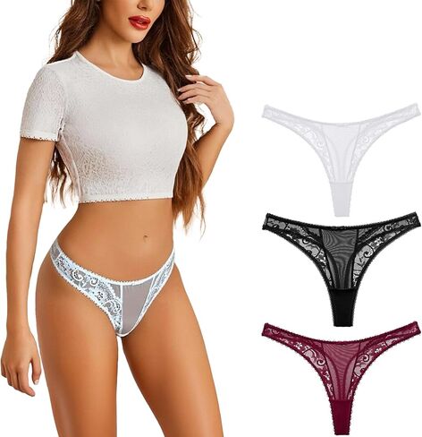 Women's Lace Thong Underwear Sexy Floral Lace Panties Mesh Comfortable Stretch T-Back Underwear for Women in Saudi Arabia