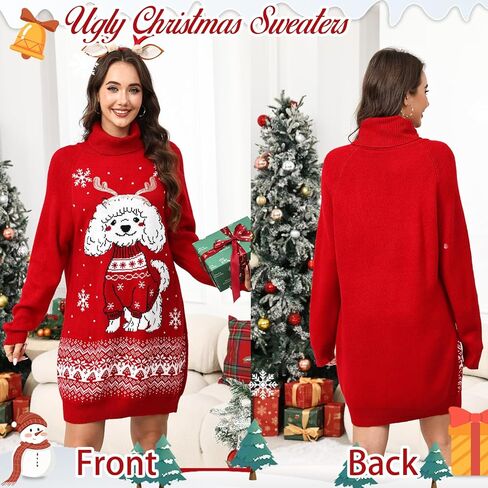 Womens Ugly Sweater Dress with Pockets Snowflake Design Oversized Turtleneck Long Sleeve Dress for Winter Holiday Xmas in Kuwait