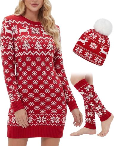 Cuffbow 3 Pcs Christmas Sweater Dress Set Women Long Sleeve Sweater Dress Xmas Thigh High Socks and Hat for Party Gift in Saudi Arabia