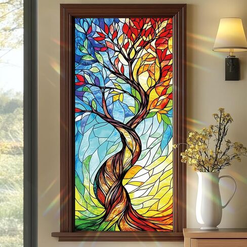Rainbow Tree of Life Window Film 17.7 x 39.3 Inch Colorful Stained Glass Privacy Static Cling Decorative Window Sticker No Glue Sun Blocking for Home Bathroom Office Glass in Saudi Arabia
