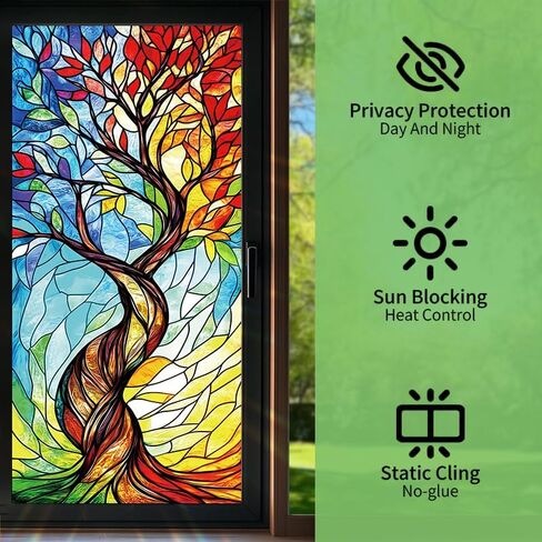Rainbow Tree of Life Window Film 17.7 x 39.3 Inch Colorful Stained Glass Privacy Static Cling Decorative Window Sticker No Glue Sun Blocking for Home Bathroom Office Glass in Saudi Arabia