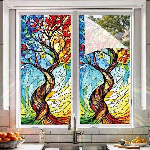 Rainbow Tree of Life Window Film 17.7 x 39.3 Inch Colorful Stained Glass Privacy Static Cling Decorative Window Sticker No Glue Sun Blocking for Home Bathroom Office Glass in Saudi Arabia