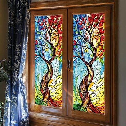 Rainbow Tree of Life Window Film 17.7 x 39.3 Inch Colorful Stained Glass Privacy Static Cling Decorative Window Sticker No Glue Sun Blocking for Home Bathroom Office Glass in Saudi Arabia