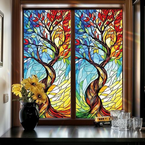 Rainbow Tree of Life Window Film 17.7 x 39.3 Inch Colorful Stained Glass Privacy Static Cling Decorative Window Sticker No Glue Sun Blocking for Home Bathroom Office Glass in Saudi Arabia