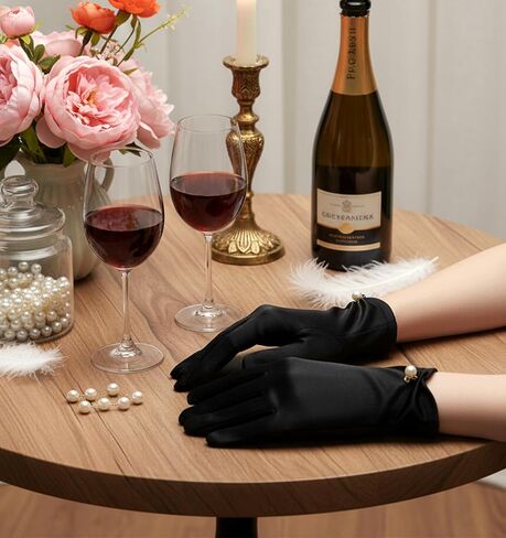 Black Satin Gloves Women, Elegant Short Black Dress Gloves for Women, Short Vintage Style Perfect for Tea Parties Weddings Halloween Costume, Comfortable Fit in Saudi Arabia