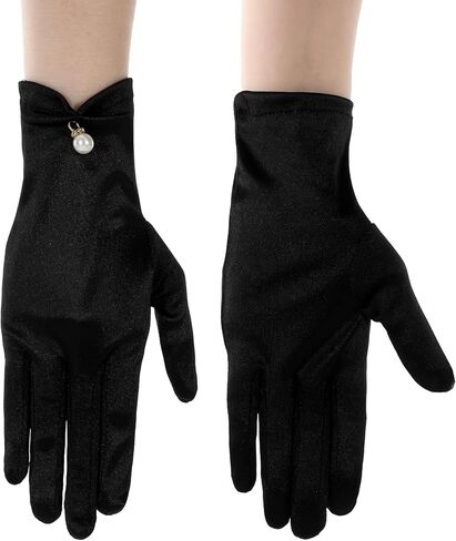 Black Satin Gloves Women, Elegant Short Black Dress Gloves for Women, Short Vintage Style Perfect for Tea Parties Weddings Halloween Costume, Comfortable Fit in Saudi Arabia