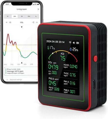 مراقبة جودة الهواء 15-في 1 CO/CO2/HCHO/TVOC/AQI/PM0.3/PM1.0/PM2.5/PM10/مقياس الحرارة/رطوبة الشاشة/التاريخ والوقت/التنبيه/تطبيق/تطبيق الهاتف المحمول ، WiFi ، التنبيهات والإخطارات (أحمر أبيض) in Saudi Arabia