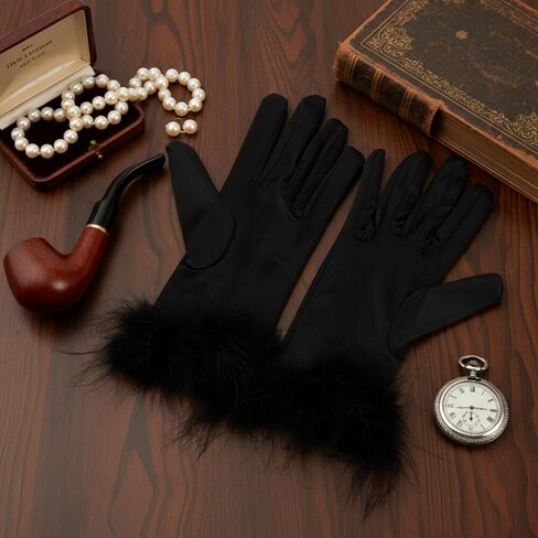قفازات Liitrsh سوداء قصيرة من الساتان للنساء أوبرا الحرير ريشة Gloves1920s ملحقات الزعنفة لمأدبة الزفاف in Saudi Arabia