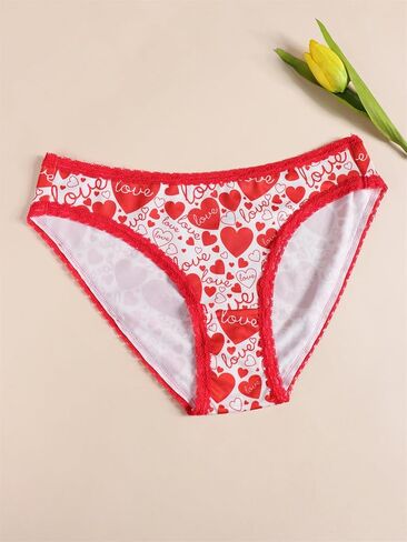Women's Love Heart Print Bikini Panties, Lace Trim, 3 Pack, Black Red Blue in Saudi Arabia
