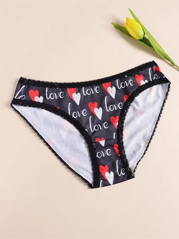 Women's Love Heart Print Bikini Panties, Lace Trim, 3 Pack, Black Red Blue in Saudi Arabia