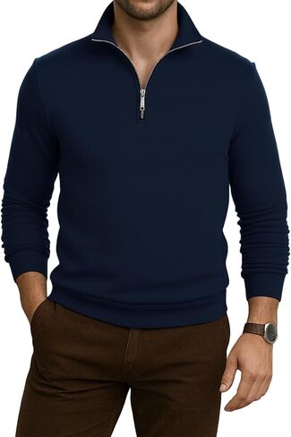 Men's Slim Fit Quarter-Zip Pullover, Long Sleeve Knit Polo Neck Sweater for Casual Wear in Saudi Arabia