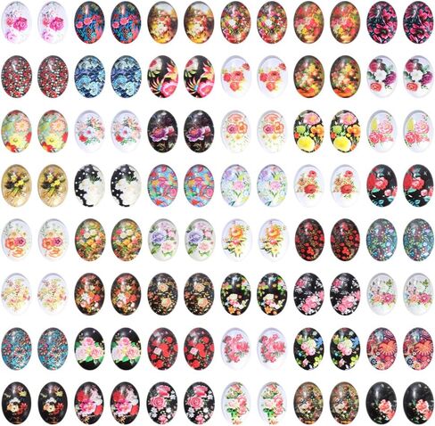 PH PandaHall 96PCS Flower Glass Cabochon 48 Style Oval Print Cabochons Dome 18mm Flat Back Mosaic Tiles Vintage Gems Mosaic Tile Glass Cabochons for Jewelry Making Keychain Photo Pendant in Saudi Arabia