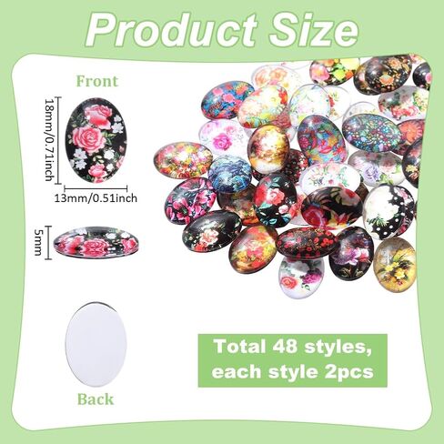 PH PandaHall 96PCS Flower Glass Cabochon 48 Style Oval Print Cabochons Dome 18mm Flat Back Mosaic Tiles Vintage Gems Mosaic Tile Glass Cabochons for Jewelry Making Keychain Photo Pendant in Saudi Arabia
