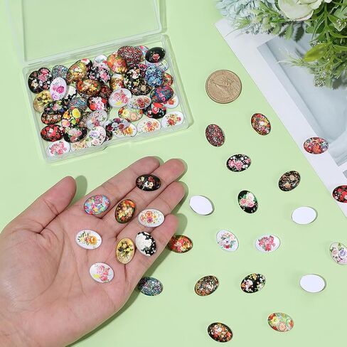 PH PandaHall 96PCS Flower Glass Cabochon 48 Style Oval Print Cabochons Dome 18mm Flat Back Mosaic Tiles Vintage Gems Mosaic Tile Glass Cabochons for Jewelry Making Keychain Photo Pendant in Saudi Arabia