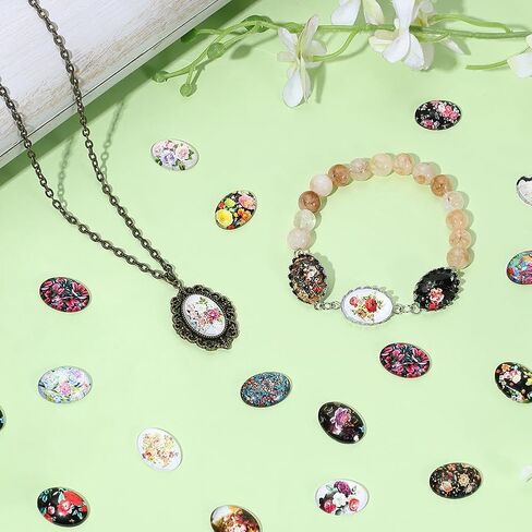 PH PandaHall 96PCS Flower Glass Cabochon 48 Style Oval Print Cabochons Dome 18mm Flat Back Mosaic Tiles Vintage Gems Mosaic Tile Glass Cabochons for Jewelry Making Keychain Photo Pendant in Saudi Arabia