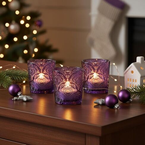 6 عبوات من حوامل الشموع الزجاجية المنقوشة بماندالا - حوامل شموع صغيرة نذرية بتصميم براءة اختراع، أكواب زجاجية منقوشة مزخرفة لقطع الزفاف المركزية، والحفلات، وديكور المنزل (أحمر التوت البري) in Kuwait