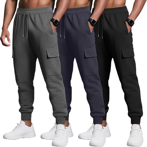 3 Pack Men's Cargo Joggers Baggy Sweatpants Athletic Tapered Lightweight Drawstring Workout Pants with Pockets in Saudi Arabia