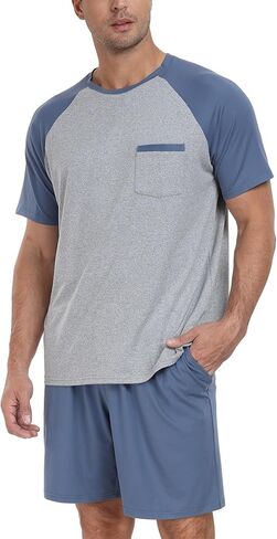 PrinStory Men‘s Pajama Set Summer Pjs Sleepwear Nightwear Lightweight Quick Dry Soft Stripe Sleep Set With Pocket S-2XL in Saudi Arabia