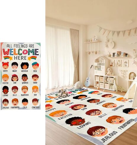 Calming Corner Items Calm Down Classroom Rug Feelings Chart Emotion Reading Corner Soft Fluffy Mental Health Rug Anti-Skid Floor Mat (All Feelings Chart, 3' x 5' (Rectangular)) in Saudi Arabia