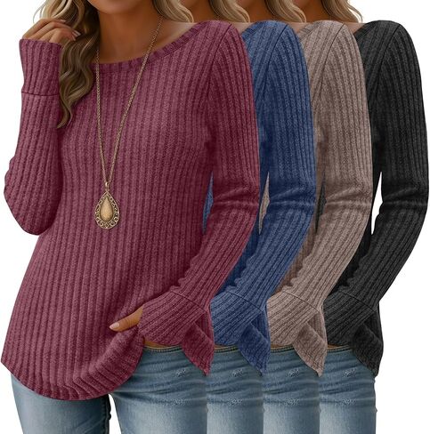 4 Pack Women's Long Sleeve Shirts Boat Neck Ribbed Knit Sweaters with Thumb Holes Loose Fit Casual Tops in Saudi Arabia
